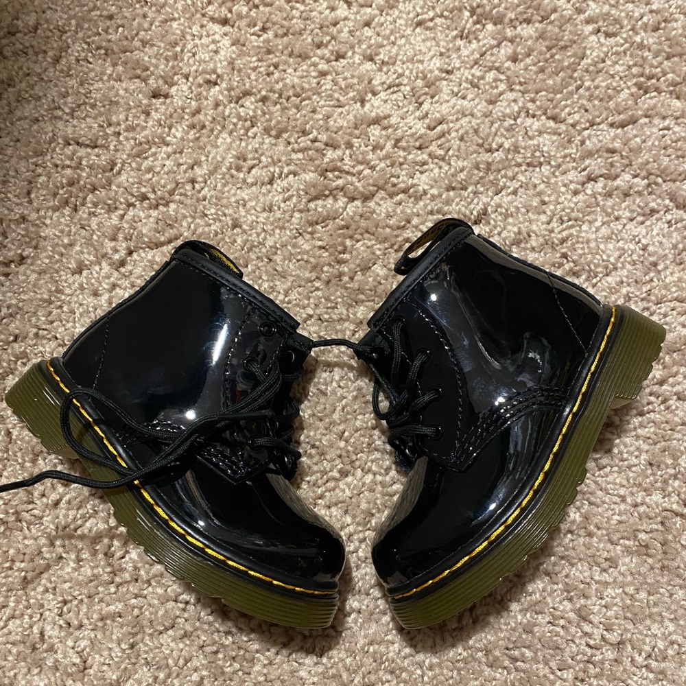 Dr. Martens Kids Black Patent Leather Boots with Yellow Stitching